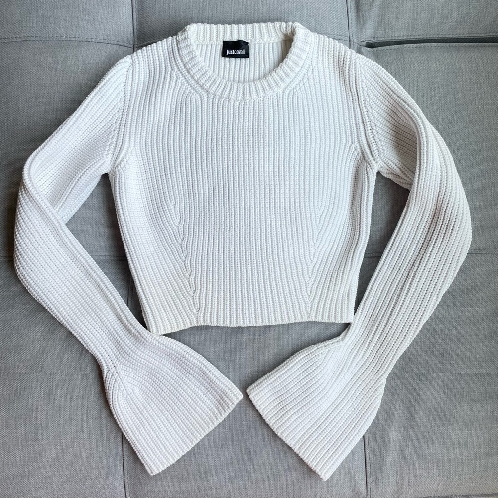 Just Cavali White Knit Bell Sleeve Cropped Sweater